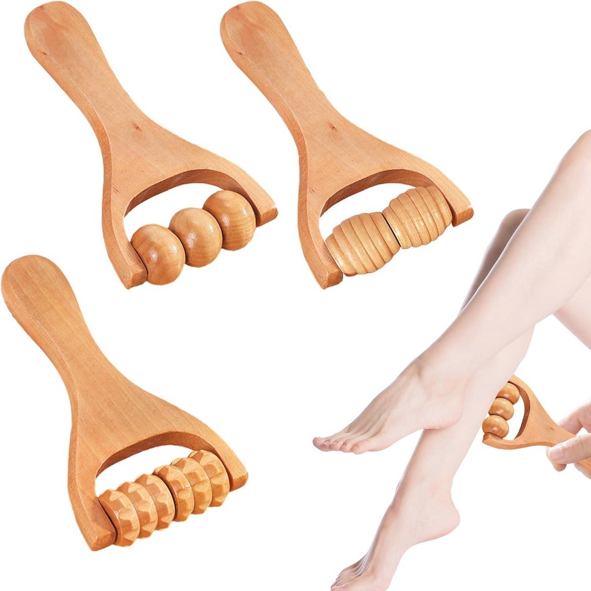 Houten Massagegereedschappen voor Spierontspanning - Set van 3 Handmatige Massagerollers