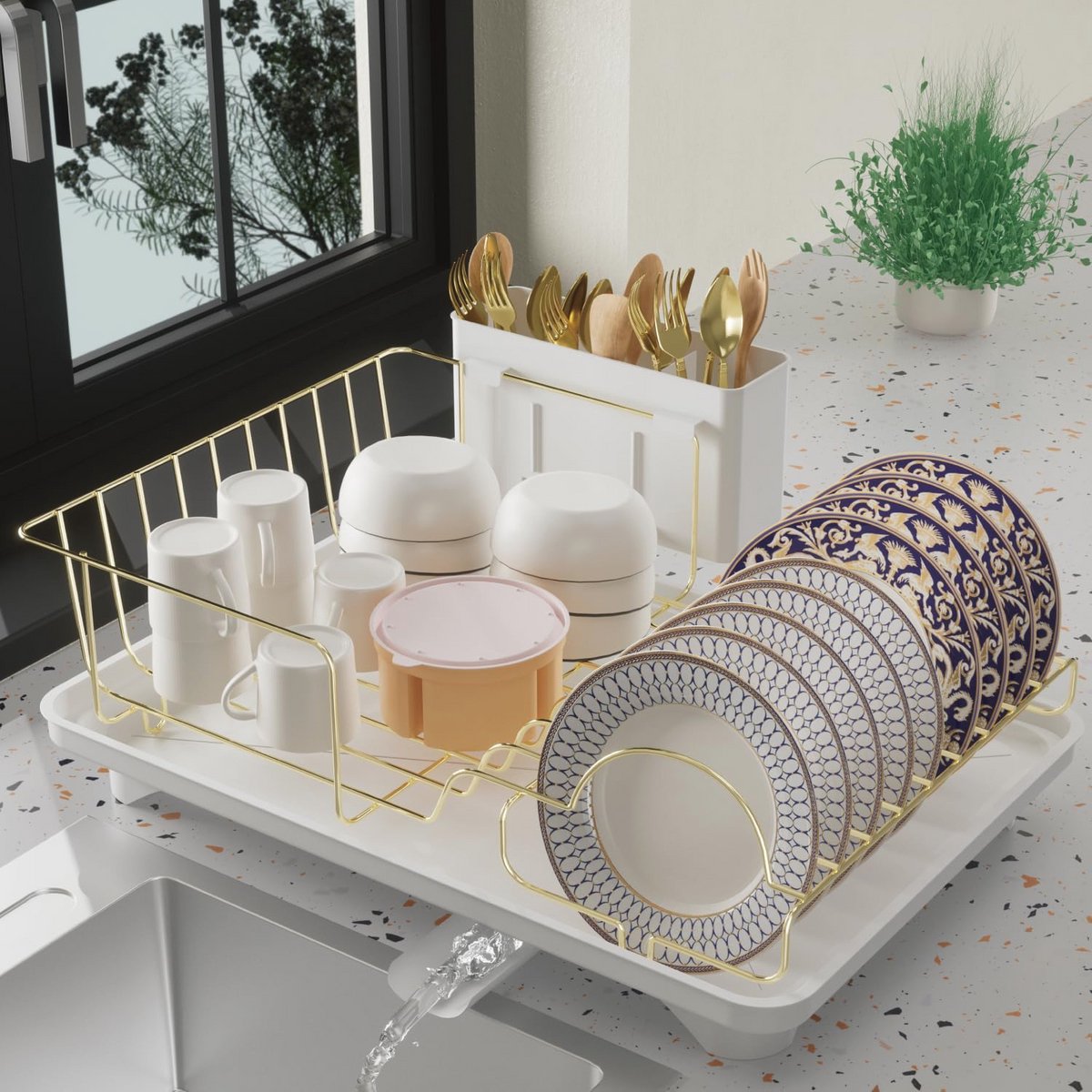 Gouden Afdruiprek Organizer met Verwijderbare Afvoerplank voor Keuken - Grote Capaciteit en Praktisch Design