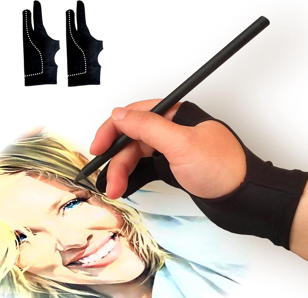 2-Vinger Tekenhandschoen voor Grafische Tablet en Digitale Kunst - Anti-Vlekken