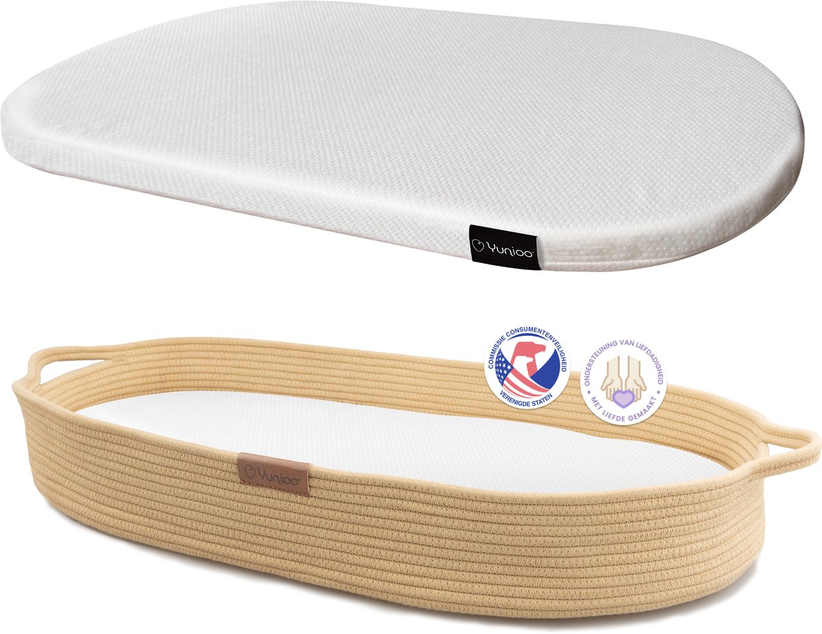 Bol.com Yunioo Aankleedkussen XL - Verschoonkussen 80cm - Baby Verschoonmand Katoen - Mozesmand incl. 3 cm Dik Matras - Crème aanbieding