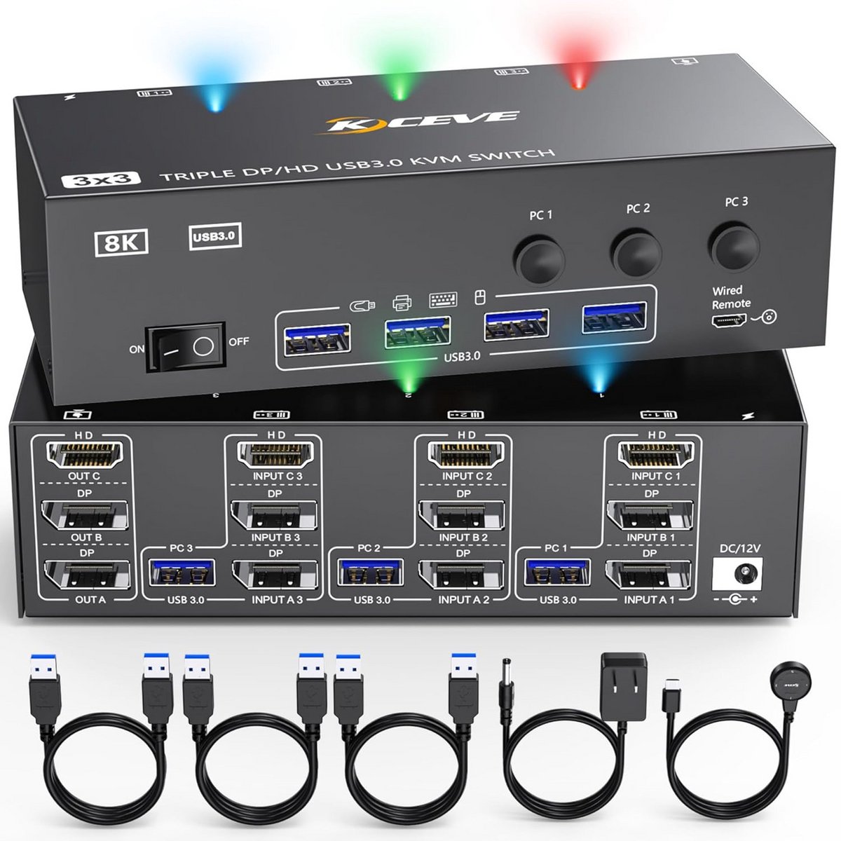 KVM Switch 3 Monitoren 3 PC's DisplayPort HDMI USB 3.0 Voor Uitgebreid Desktop