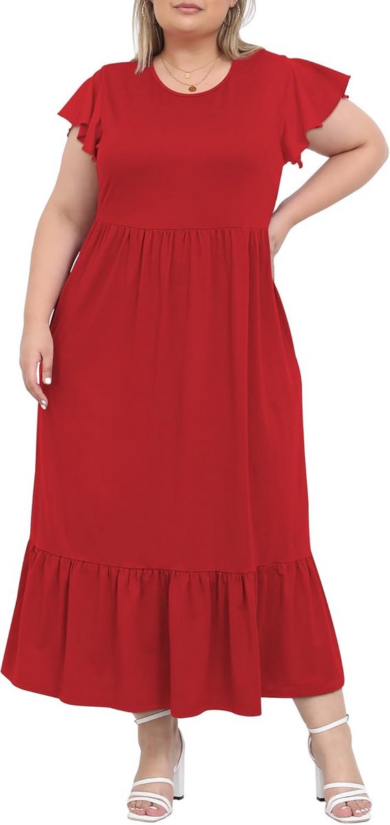 Lange Zomerjurk Dames Maxi Casual met Ruches Korte Mouwen en Zakken Grote Maten