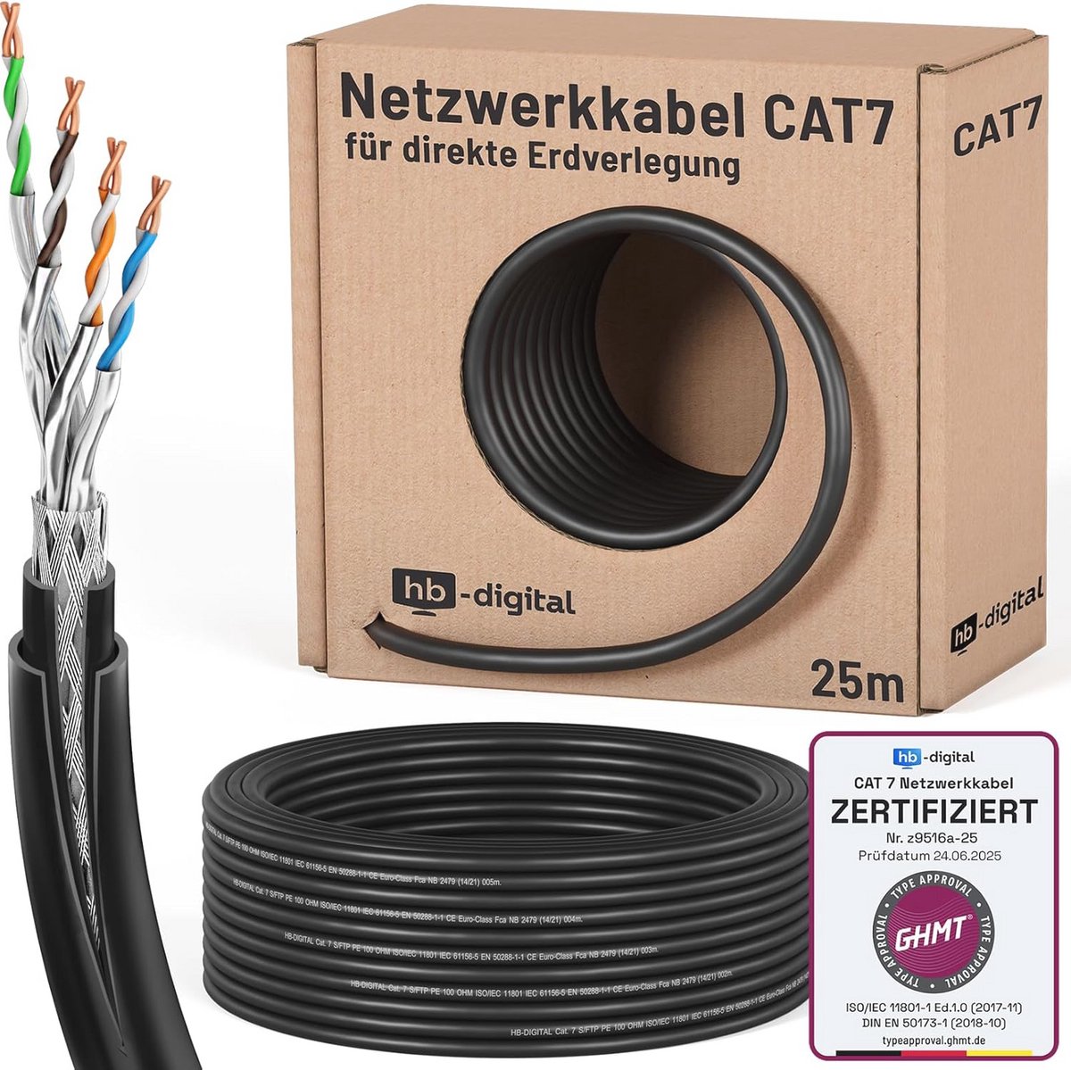 25 m CAT 7 Outdoor Netwerkkabel - 10 Gbit/s S/FTP voor Buiten - GHMT Gecertificeerd