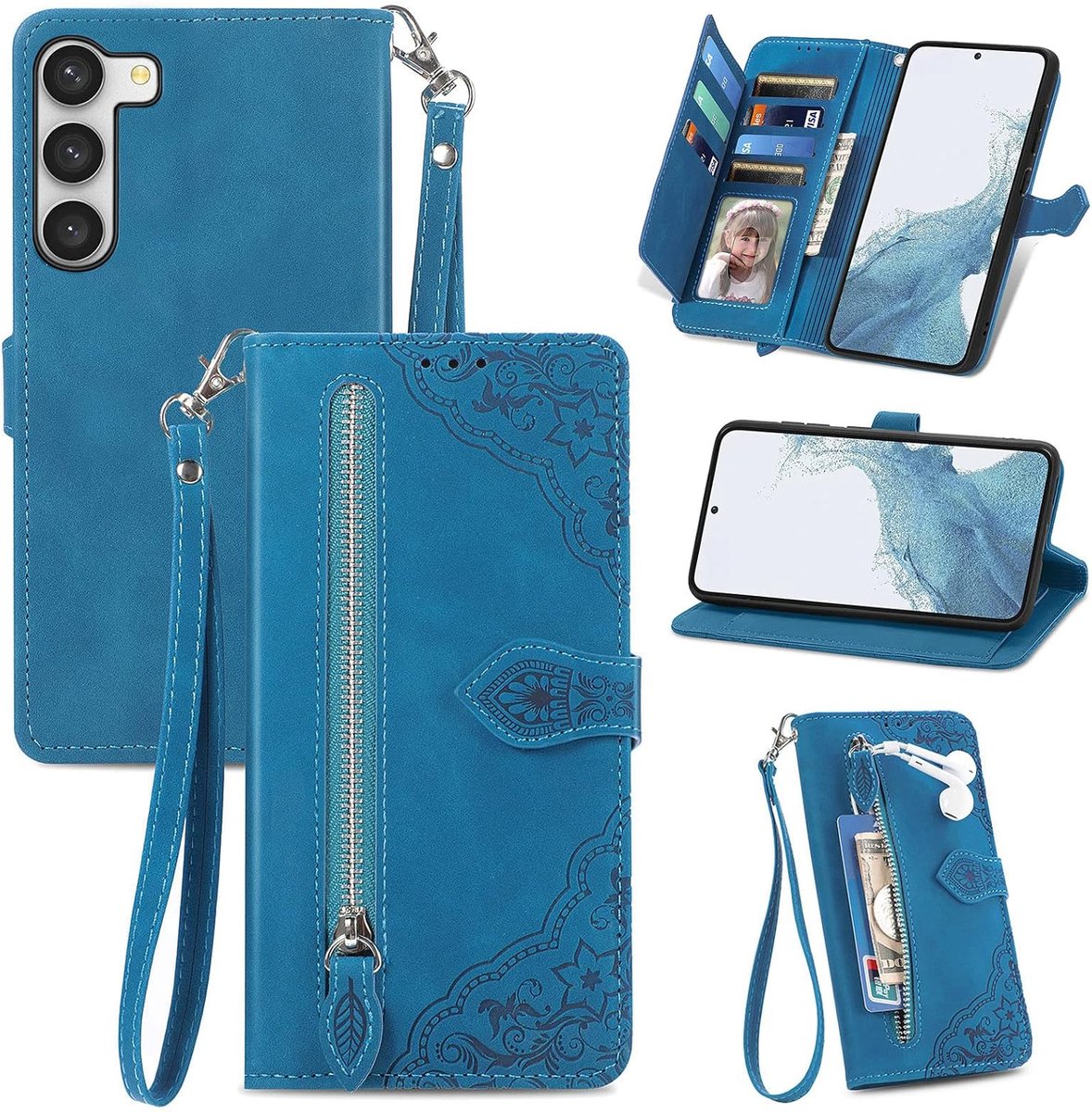 YPCd Portemonnee Bookcase Hoesje Geschikt voor Samsung Galaxy S23 – PU Leren Wallet Flip Cover met Ritssluiting – Pasjesvakken & Polsbandje – Standfunctie - Bloemen – Blauw