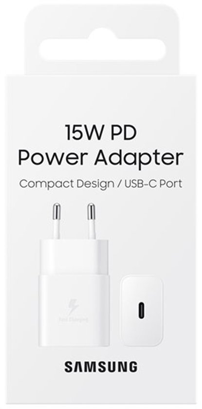 Witte Samsung 15W PD Power Adapter verpakking met 'Compact Design / USB-C Port'.