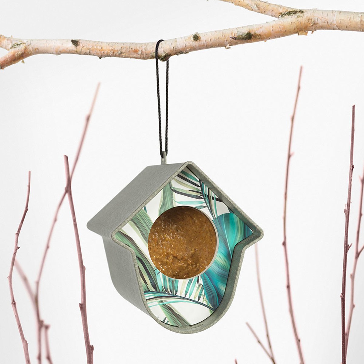 Singing Friend EVIE - Vogelvoederhuisje - 100% Gerecycled Materiaal - Grijs met Bladeren Voorkant - Duurzaam Voederhuisje voor Vogels