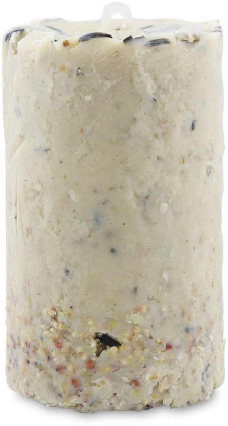 Cilindervormige pindacake met zaden, gedetailleerd met een mix van witte, bruine en zwarte zaden.