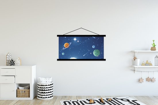Porte-affiche avec affiche 150x75 cm - Affiche scolaire - Une illustration de l'espace rempli de planètes - Affiche textile - Lattes noires