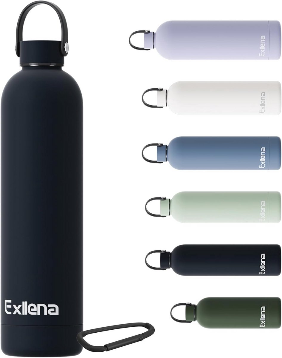 Dubbelwandige Roestvrijstalen Waterfles met Handvat en Karabijnhaak - 750 ml, Houdt Dranken Koud tot 24 Uur, Warm tot 12 Uur, BPA-vrij (Zwart)