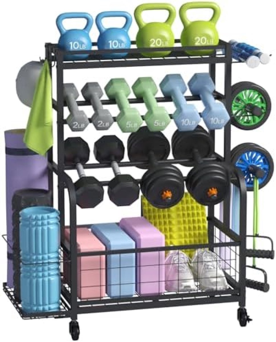 Halterrek – Dumbbell Rek – Fitness Opbergrek – Home Gym Organizer – Gewichtenrek – Kettlebell Rek – Yoga Mat Houder – Trainingsaccessoires Opslag – Verrijdbaar Fitnessrek – Metalen Sport Opbergmeubel