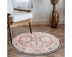 Carvapet Washable Round Rug 90cm/3ft Non Slip Thin Circle Rug Pink Carpet Vintage Locket Round Rugs for Bedroom Living Room Hallway
