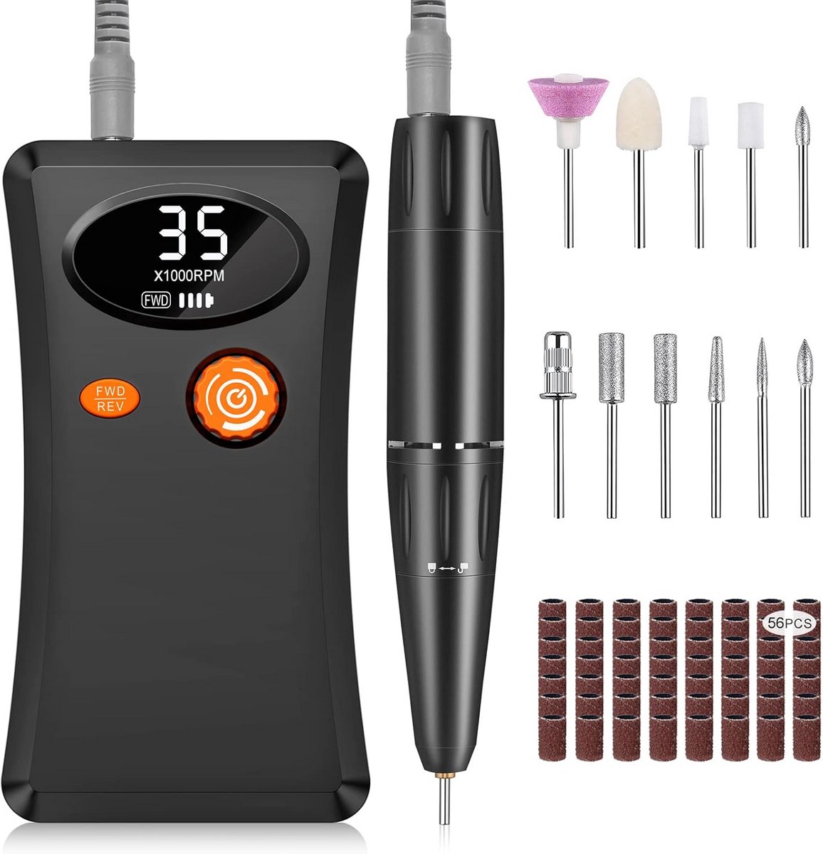 Draagbare nagelfrees met LCD-scherm en 11 opzetstukken voor manicure en pedicure