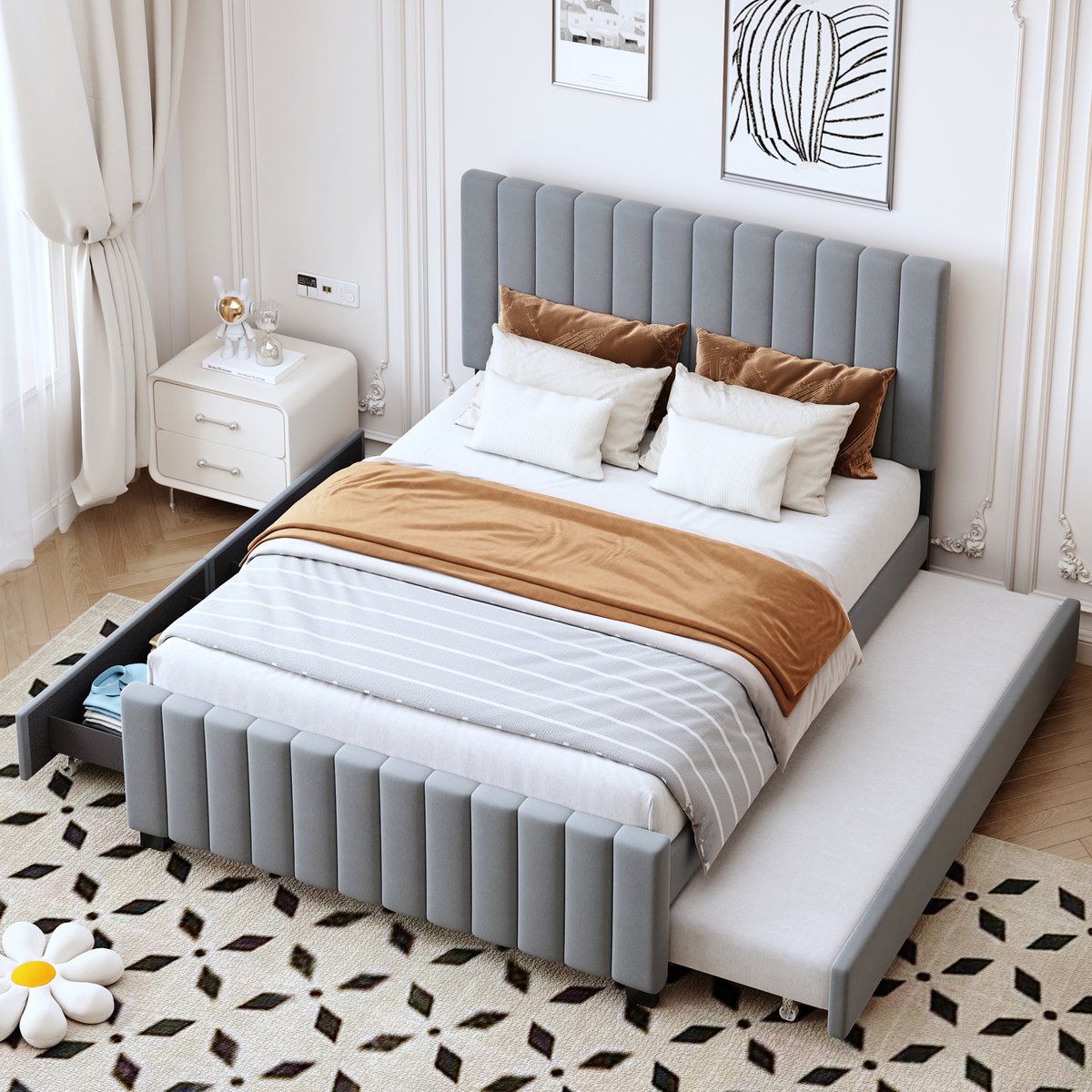 STILVORA Gestoffeerd Bed 140x190 cm – Tweepersoonsbed Met Uitschuifbed & 2 Lades – Extra Slaapplaats Voor Logees – Fluweel – Grijs – Zonder matras