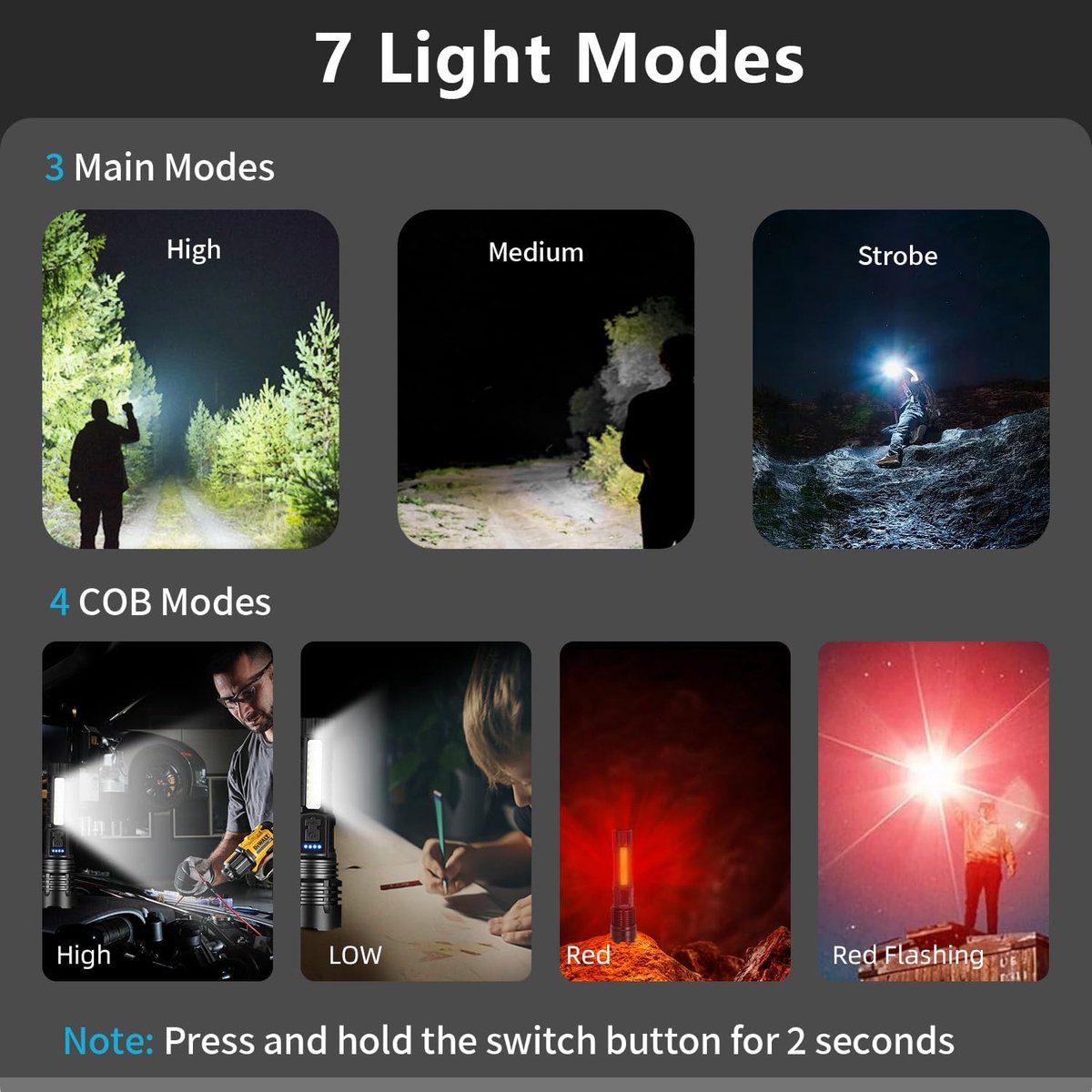 2 items - zaklamp - LED-zaklamp - maglite - 90000 lumen - 7 lichtstanden - Oplaadbaar - Inclusief COB-zijlicht - IPX6 waterdicht - Verstelbare focus - Geschikt voor kamperen — cadeau in Sport & Outdoor - foto 7