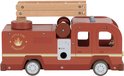 Rode houten brandweerwagen met ladder en 'Little Fire Department' opdruk.