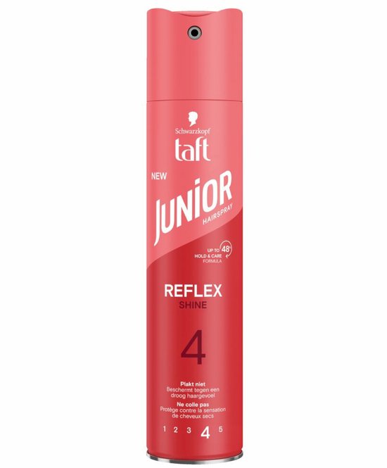 Rode spuitbus Taft Junior Hairspray Reflex Shine met witte letters. "NEW JUNIOR HAIRSPRAY UP TO 48H HOLD & CARE FORMULA REFLEX SHINE 4"