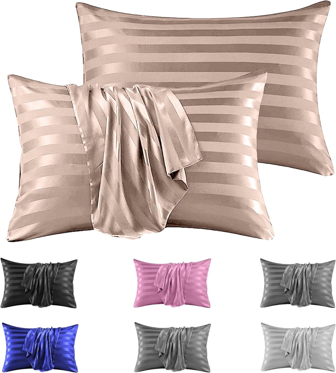 Famanu Satijnen kussenslopen 50x75 cm champagne beige set 2, satijn streep, envelopsluiting glad en zacht voor haar en huid Champagne/Beige