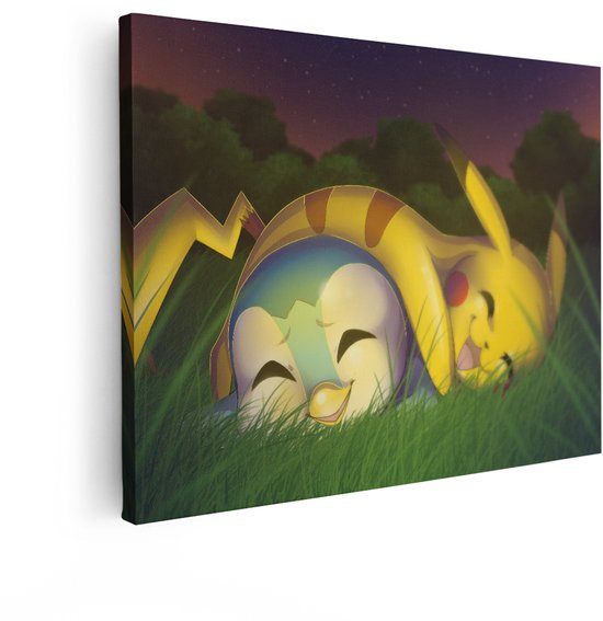 Artaza Canvas Schilderij Schattige Pokémon Pikachu en Piplup Knuffelen in het Gras onder de Sterrenhemel - 40x30 cm - Klein - Wanddecoratie Woonkamer - Schilderijen - Muurdecoratie