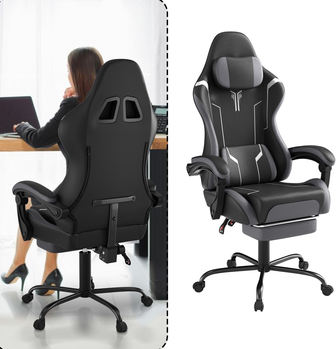 Aufun gaming stoel – ergonomische computerstoel met massage – bureaustoel met lendenkussen en voetensteun – gewatteerde armleuningen en hoofdsteun – zwart, grijs, wit