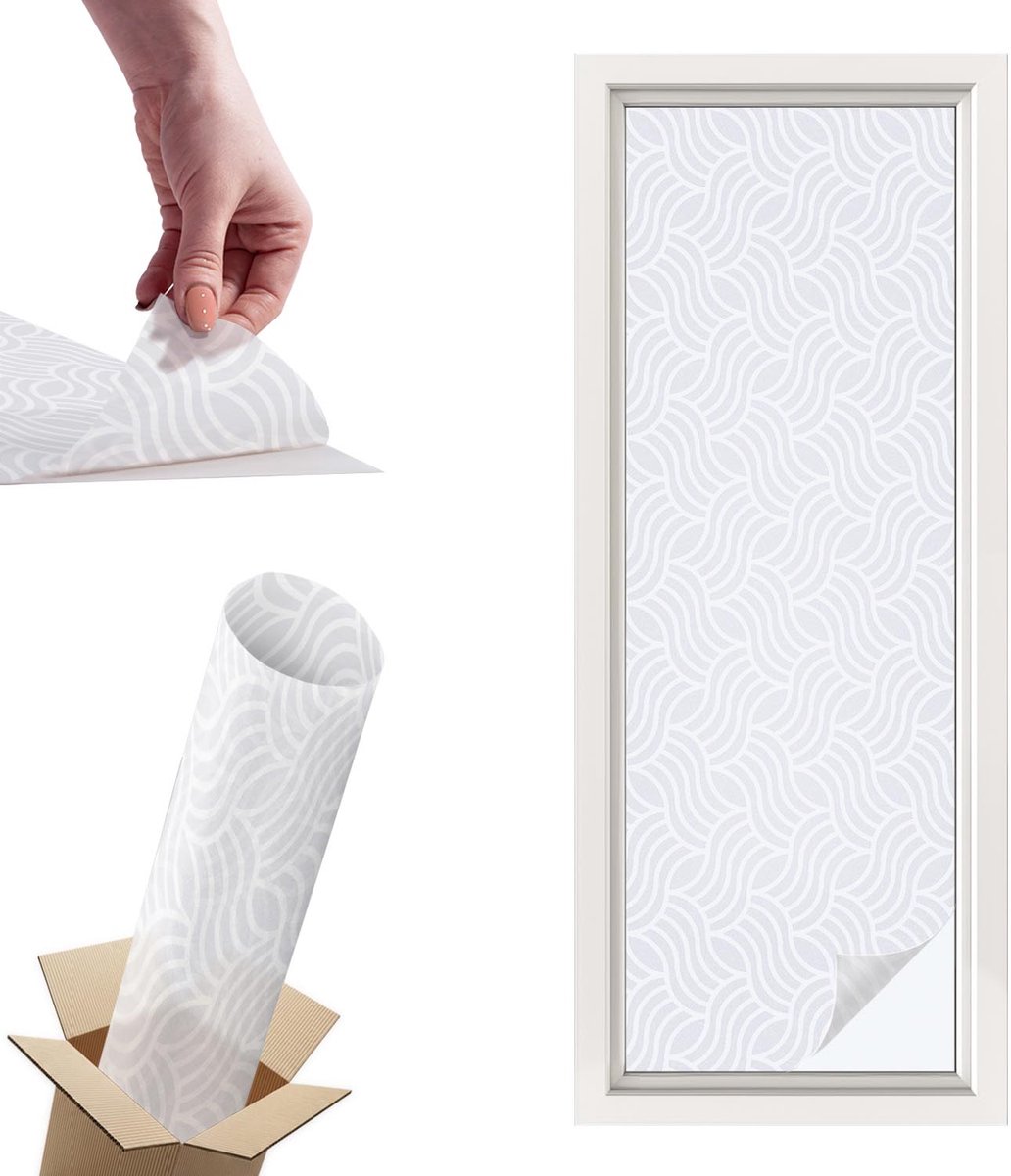 TULUP Raamfolie Anti inkijk - Golven van harmonie Privacy Folie Raam - 50x146 cm - Wit Anti inkijk Folie - Raamfolie Tegen inkijk Glas in Lood - Voor de hal, badkamer, kantoor - Raamfolie Zonwering Wit - Golven van harmonie