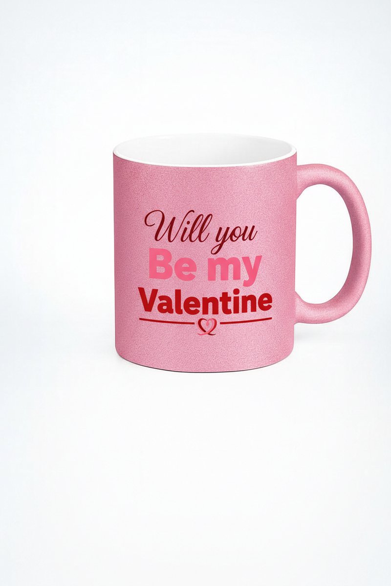 Roze Glitter Valentijn Mok - "Will you Be my Valentine" Cadeau