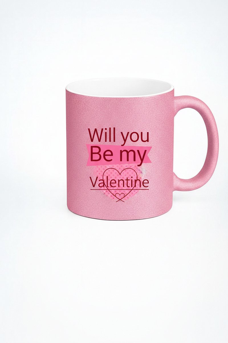 Roze Glitter Valentijn Mok - Will you Be my Valentine Cadeau