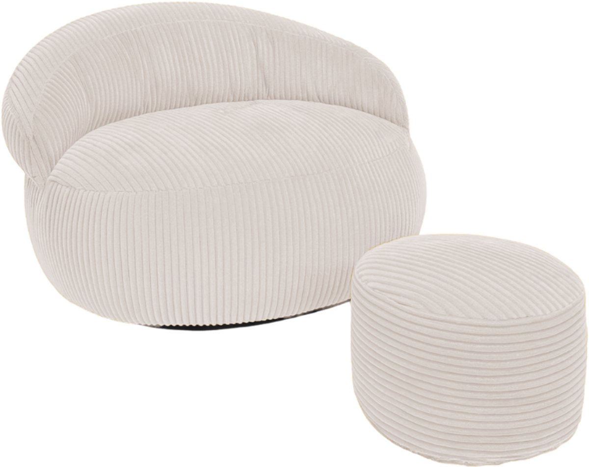 Bananair - Zitzak XXL met poef - Afneembare hoes - Ribfluweel - 110x100 cm - Beige