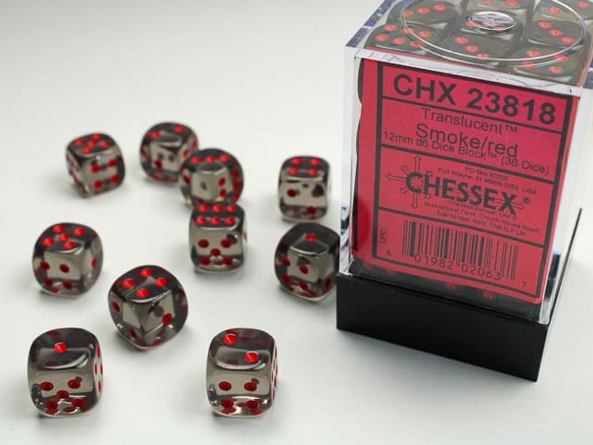 Chessex Doorschijnend Rook/Rood D6 12mm Dobbelsteen Set (36 stuks)