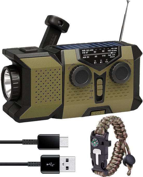 ODESSEY Noodradio Solar Opwindbaar - 2000 mAh Powerbank - Zaklamp - Draagbare Radio - Noodpakket