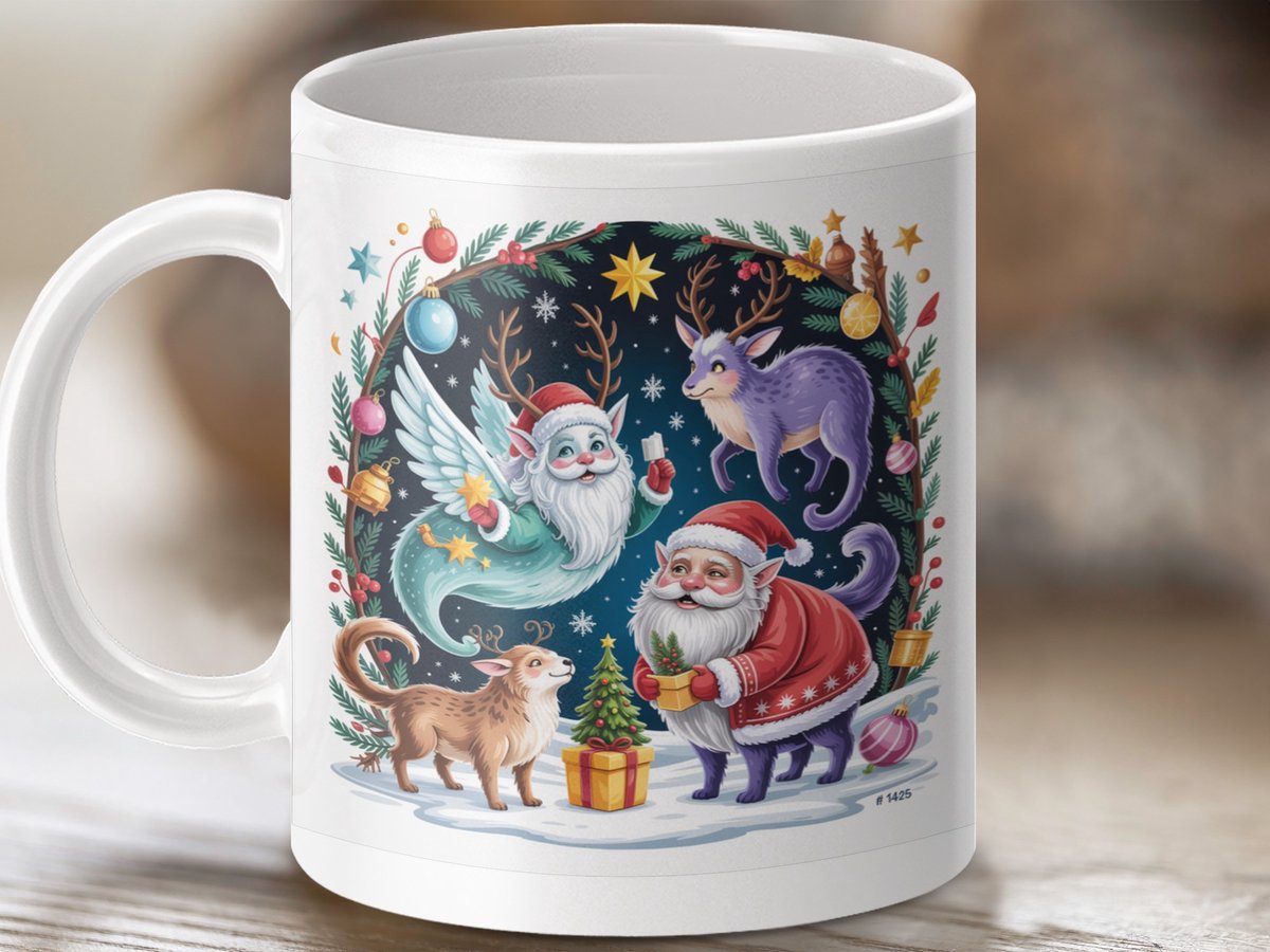 Mok Kerst Mug, Magische Santa, Fantasie Kerst Mug, Santa met Dierenvrienden, Feestelijke Drank Mok, Uniek Cadeau, Kerstversiering