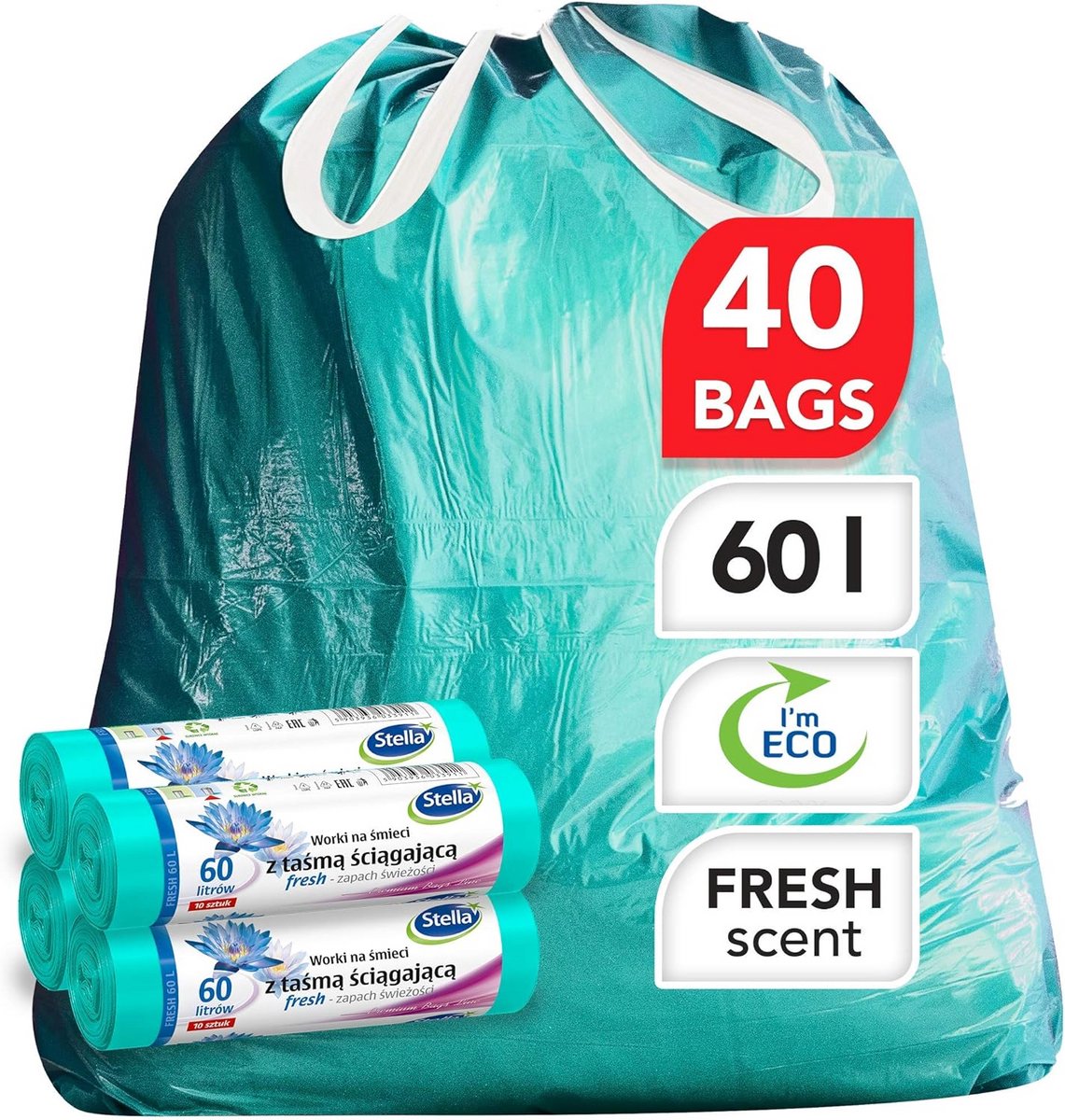 60L Sterke Vuilniszakken met Trekband - Biologisch Afbreekbaar & Recyclebaar - Mint Geur - 40 Stuks