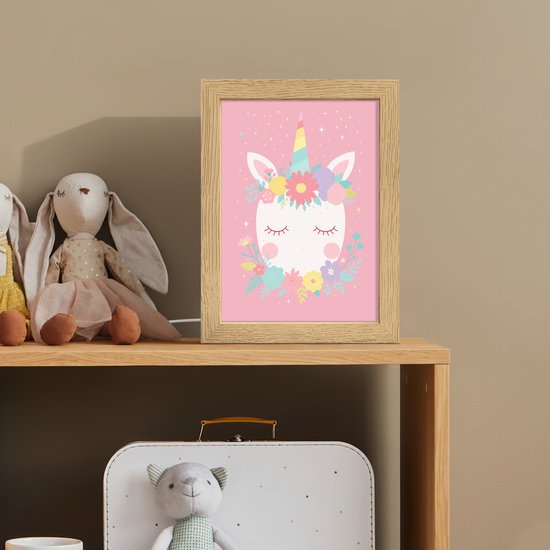 Nachtlampje 15x20 cm - Kinder lamp - Eenhoorn - Bloemen - Roze - Tafellamp kinderkamer - Slaapkamer lamp - Bedlamp kinderen - Kinderlampje stopcontact - Wandlamp babykamer - Nachtlampjes van Deco Belle — afbeelding 3
