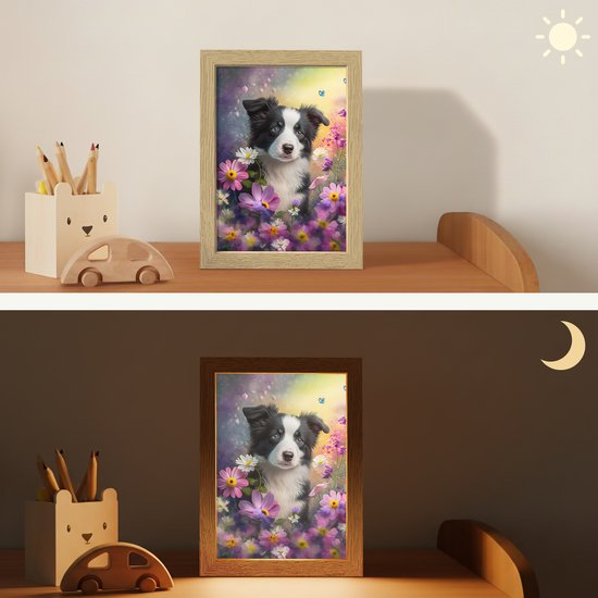 Nachtlampje 15x20 cm - Kinder lampje - Hond - Bloemen - Natuur - Puppy - Bordercollie - Tafellamp kinderkamer - Slaapkamer lamp - Bedlamp kinderen - Kinderlampje stopcontact - Wandlamp babykamer - Nachtlampjes van OnlyWow — afbeelding 4