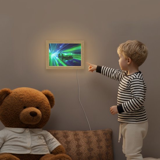 Nachtlampje 20x15 cm - Kinder lamp - Snelheid - Licht - Sportwagen - Groen - Tafellamp kinderkamer - Slaapkamer lamp - Bedlamp kinderen - Kinderlampje stopcontact - Wandlamp babykamer - Nachtlampjes van Merkloos — afbeelding 5