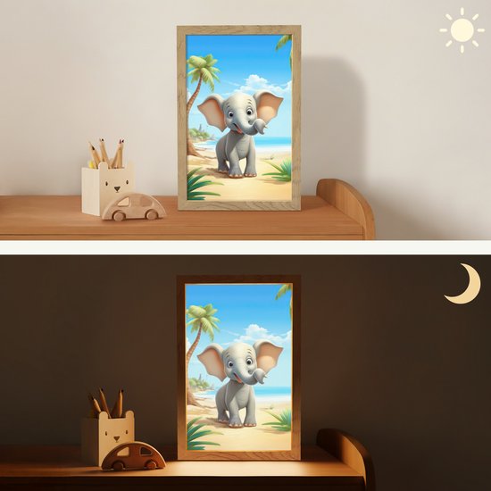 Nachtlampje 20x30 cm - Kinder lampje - Olifant - Strand - Dieren - Meisjes - Kind - Tafellamp kinderkamer - Slaapkamer lamp - Bedlamp kinderen - Kinderlampje stopcontact - Wandlamp babykamer - Nachtlampjes van OnlyWow — afbeelding 4