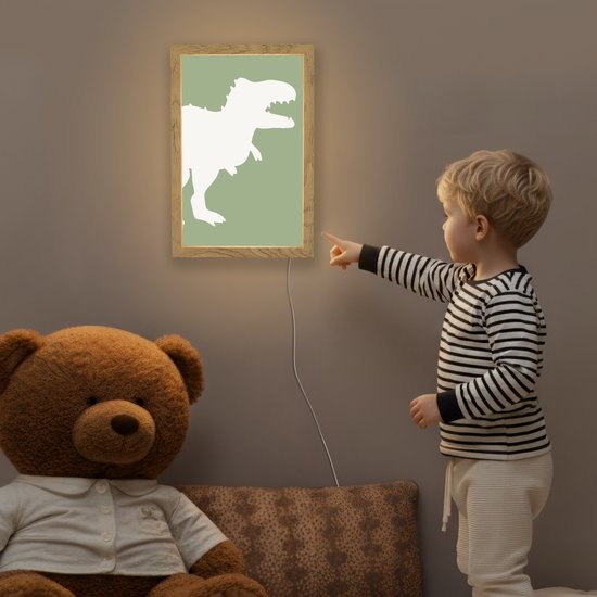 Nachtlampje 20x30 cm - Kinder lamp - Dino - T-rex - Dinosaurus - Groen - Tyrannosaurus rex - Tafellamp kinderkamer - Slaapkamer lamp - Bedlamp kinderen - Kinderlampje stopcontact - Wandlamp babykamer - Nachtlampjes van OnlyWow — afbeelding 5