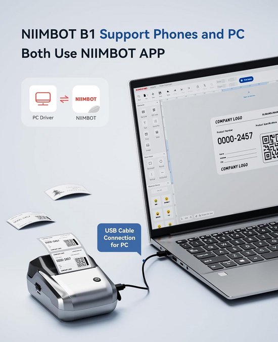 NIIMBOT B1 Label Maker Machine with Tape, Portable Thermal Bluetooth Printer for 2'' Stickers, Mini Barcode Labeler for Home, School & Small Business