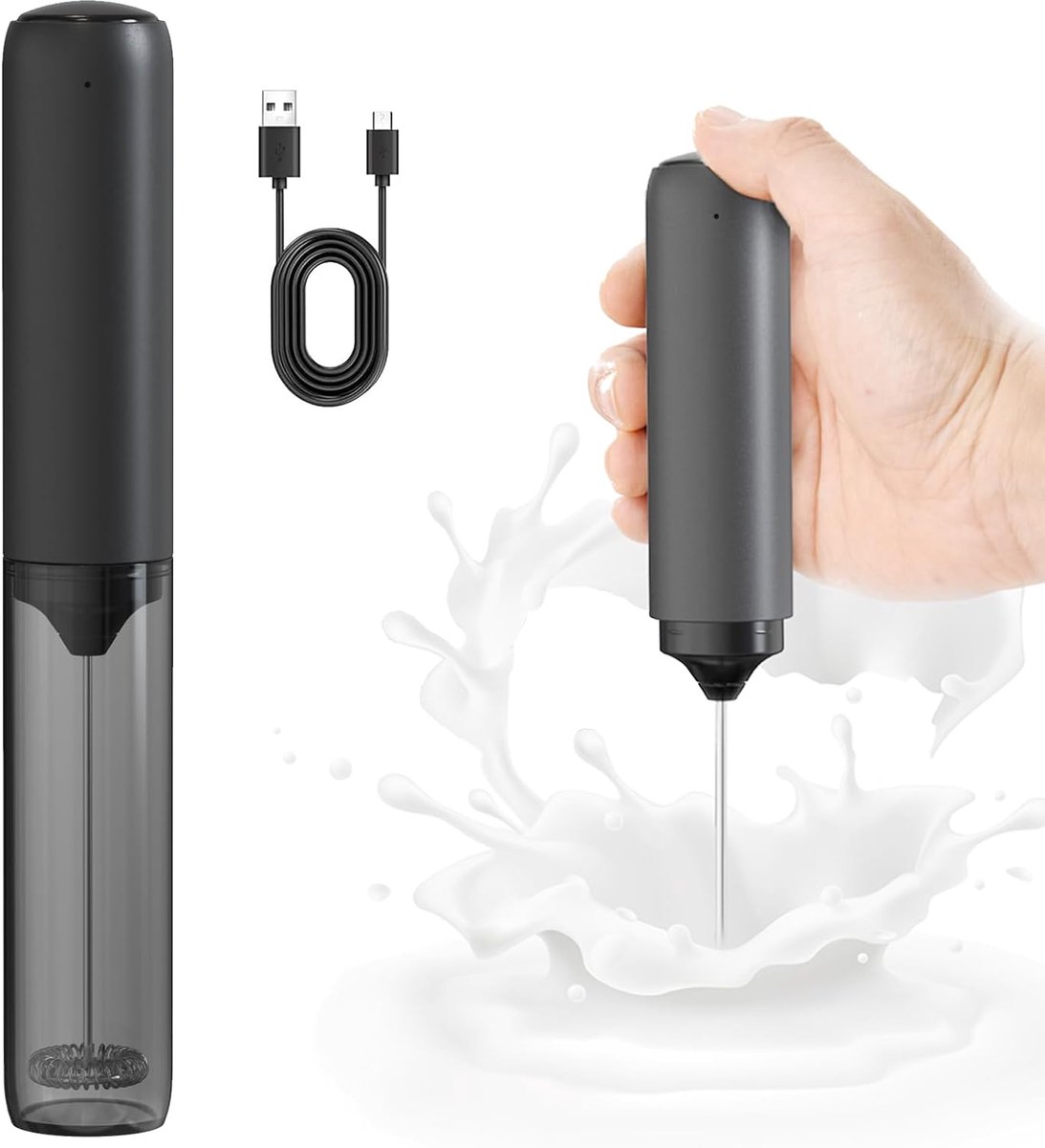 1-delige oplaadbare melkschuimer - Met deksel - Draagbare handmixer voor drankjes - Elektrische melkschuimer - Geschikt voor koffie, latte, cappuccino, smoothies, warme chocolademelk, enz. (Zwart)