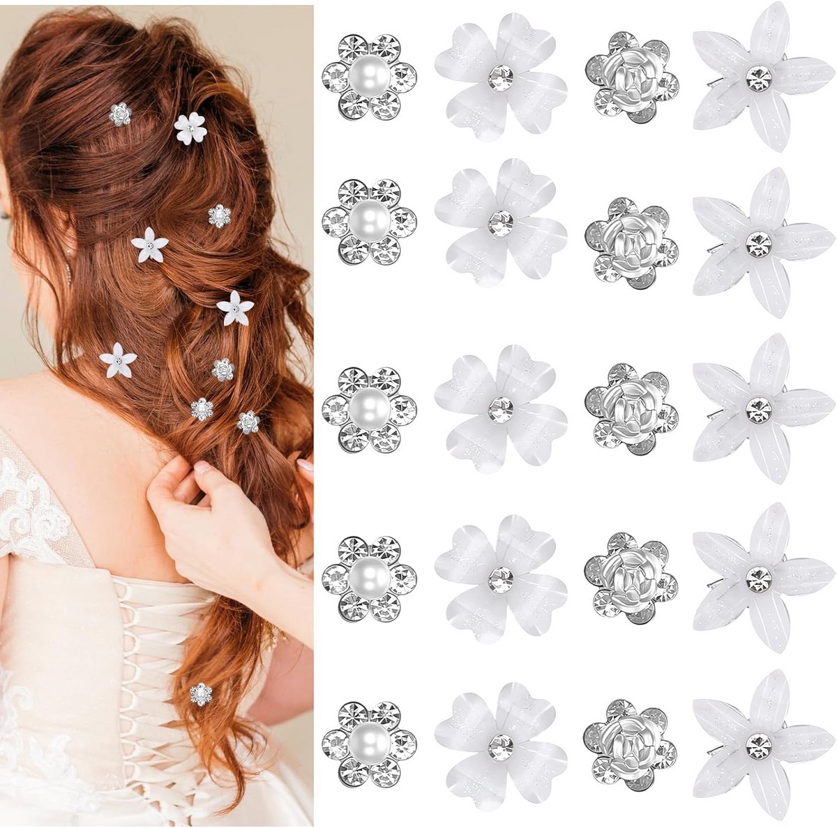 20 Stuks Mini Haarspeldjes met Strass en Parels - Bruidshaaraccessoires met Bloemdesign