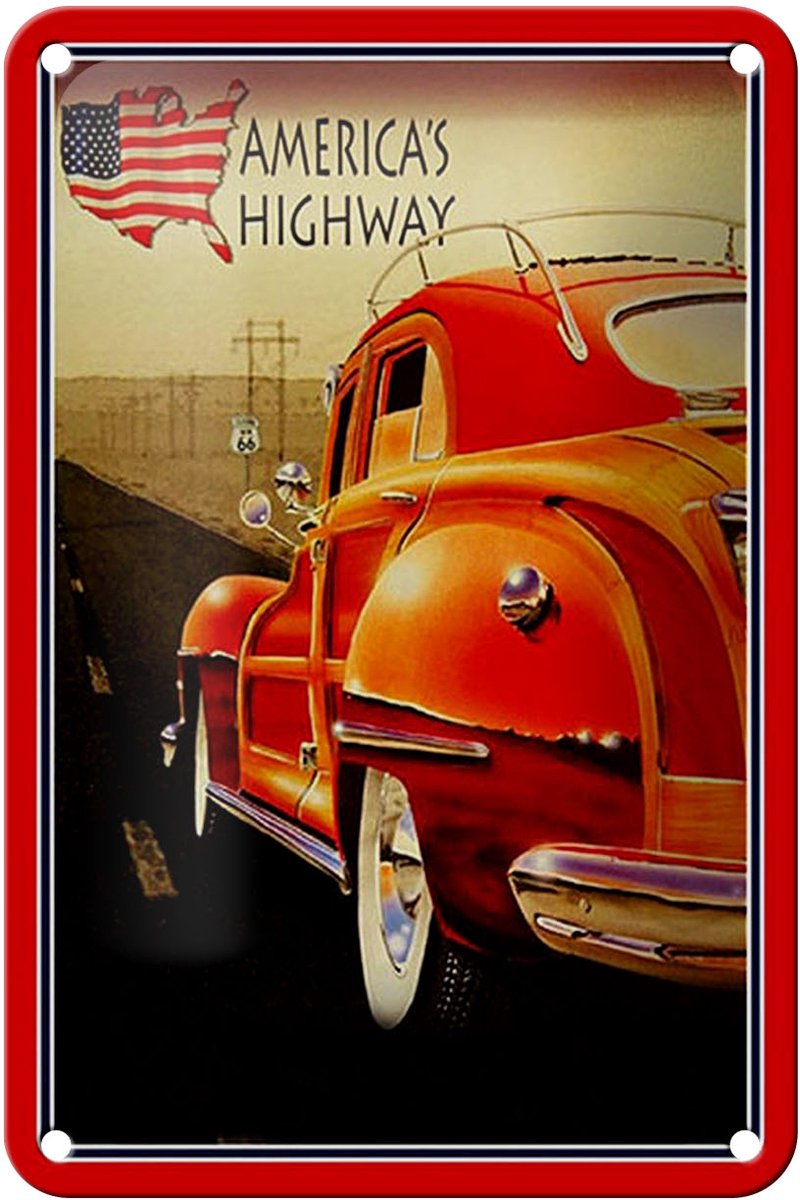 Blechschild Auto 12x18cm Oldtimer america´s highway USA
