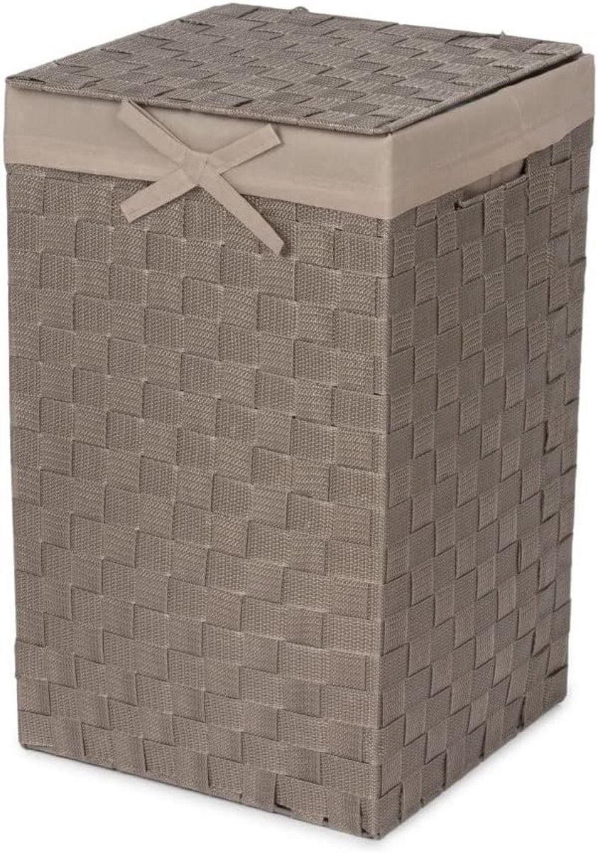 Geweven Waszak met Deksel en Handvatten - Taupe/Bruin - 30x30x50 cm