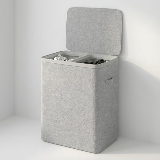 Foto: Mazazu wasmand met 2 vakken 100 liter wassorteerder met deksel uitneembare waszakken lichtgrijs opvouwbare wasbox voor badkamer slaapkamer 56 40 67 cm