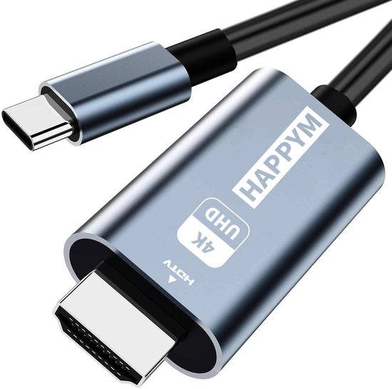 Close-up van de HappyM USB-C naar HDMI-kabel, met de HDMI-connector in focus. De connector is zilverkleurig met "4K UHD" en "HDTV" logo's.