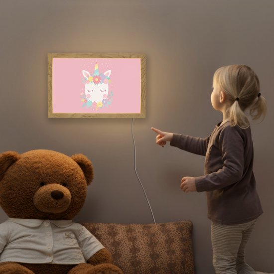 Nachtlampje 30x20 cm - Kinder lamp - Eenhoorn - Bloemen - Roze - Tafellamp kinderkamer - Slaapkamer lamp - Bedlamp kinderen - Kinderlampje stopcontact - Wandlamp babykamer - Nachtlampjes van Merkloos — afbeelding 5