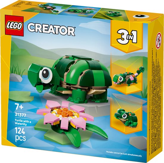 LEGO Creator 3in1 doos. Toont een schildpad met waterlelie, kameleon en kikker. Leeftijd 7+, 124 onderdelen.
