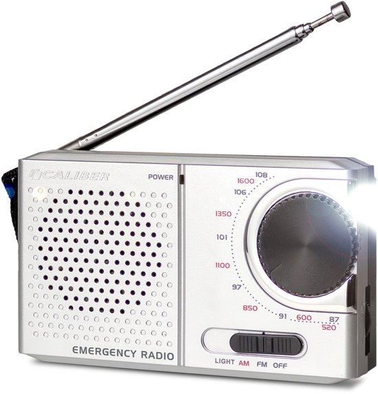 Caliber Noodradio met Zaklamp - Radio op Batterijen - Kleine Draagbare Radio - Noodpakket Denk Vooruit - 72 uur batterijduur - AM & FM Radio - Koptelefoonaansluiting (HPG311R)
