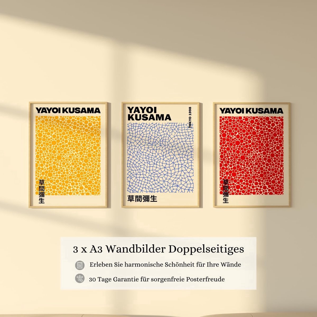 Stunq® 3 dubbelzijdige kunstdruk posterset, DIN A3 (30cm x 42cm), stijlvolle wandposter, 6 wandschilderijen, dubbelzijdige afbeeldingen (Kusama 1, zonder lijst - DIN A3)