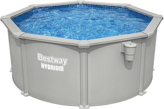 Een Bestway Hydrium stalen wand zwembad, achthoekig, met blauw mozaïekprint binnenbad en grijze buitenwanden.