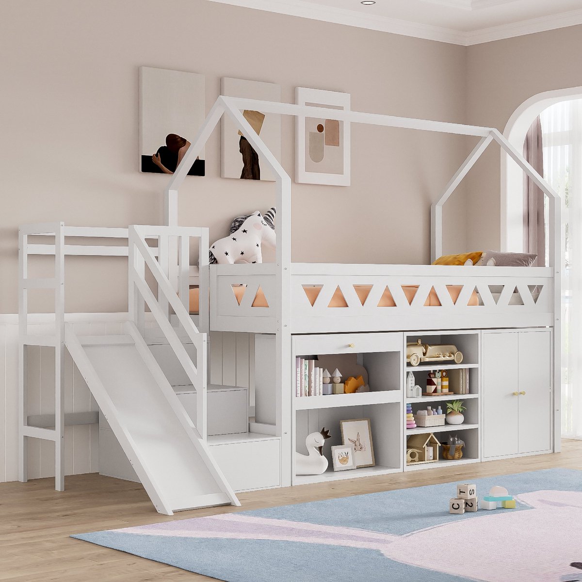 VVBV Kinderbed, Eenpersoonsbed, Multifunctioneel kinderbed, met glijbaan en trap, met laden en kluisje, met magnetische deur, zonder matras, massief hout, Wit, 90*200cm