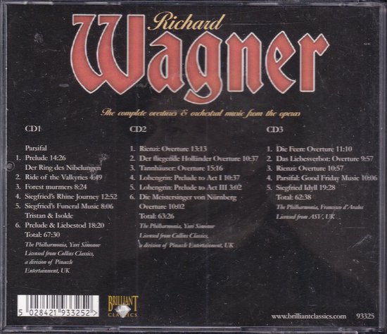 Achterkant cd-hoes met tracklist en vermelding 'Richard Wagner - The complete overtures & orchestral music from the operas'.